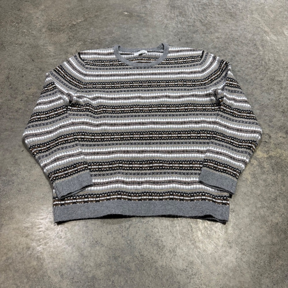 Free Assembly Sweater Mens L Grey Striped Fair Isle Crewneck Long Sleeve Knit